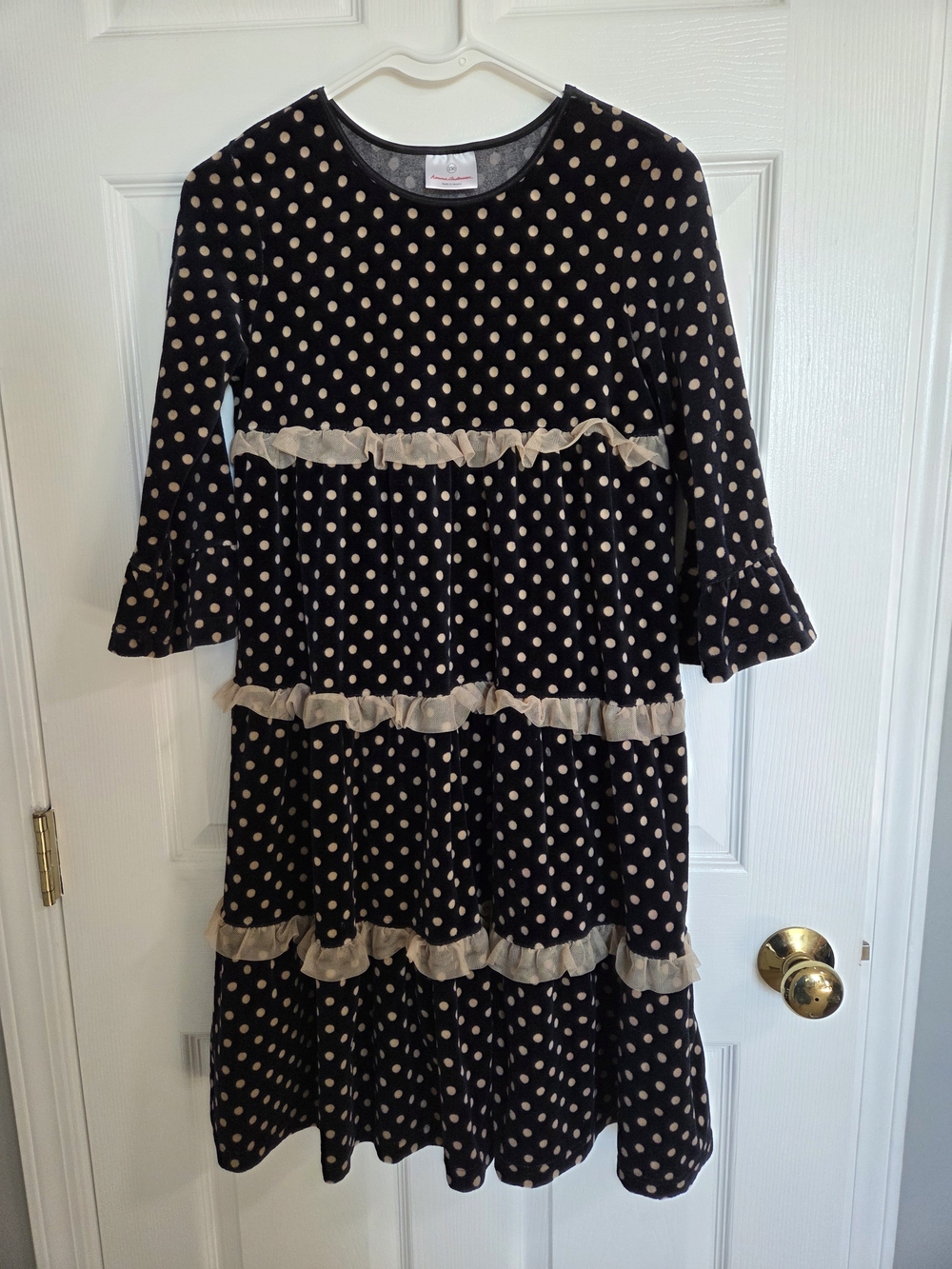 Hanna Andersson Black Dress with Cream Polka Dots and Ruffle Tiers